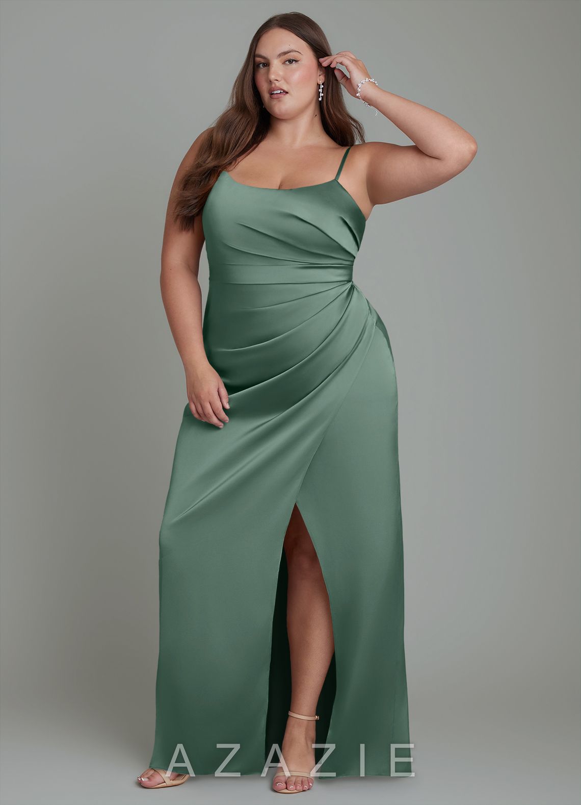 Azazie Calandra Eucalyptus Sheath Pleated Stretch Satin Dress eucalyptus