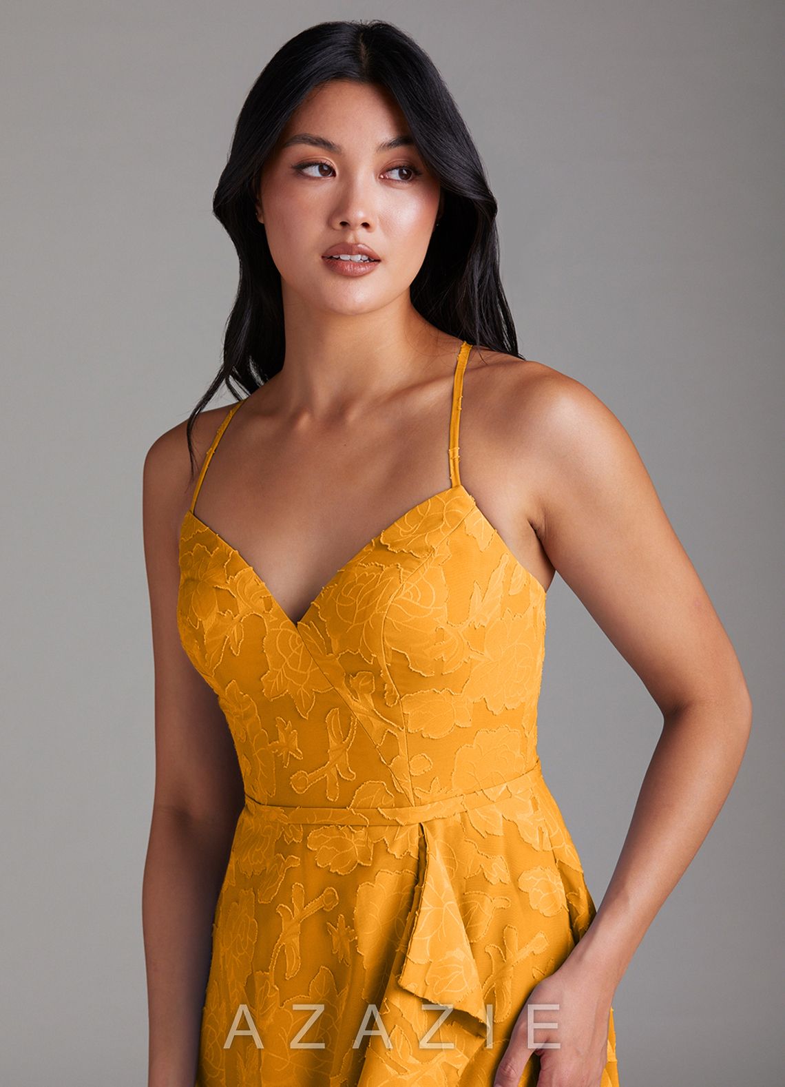 Azazie Naeem Butterscotch A-Line Sweetheart Neckline Floral Burnout Dress butterscotch