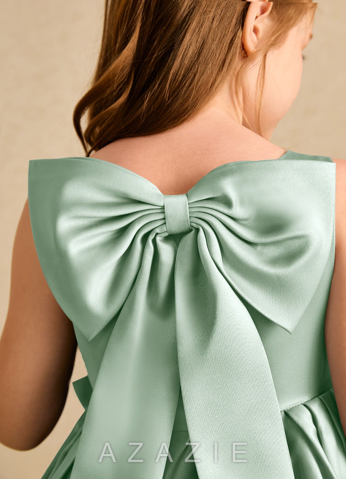 Azazie Jessie Agave A-Line Bow Matte Satin Dress agave