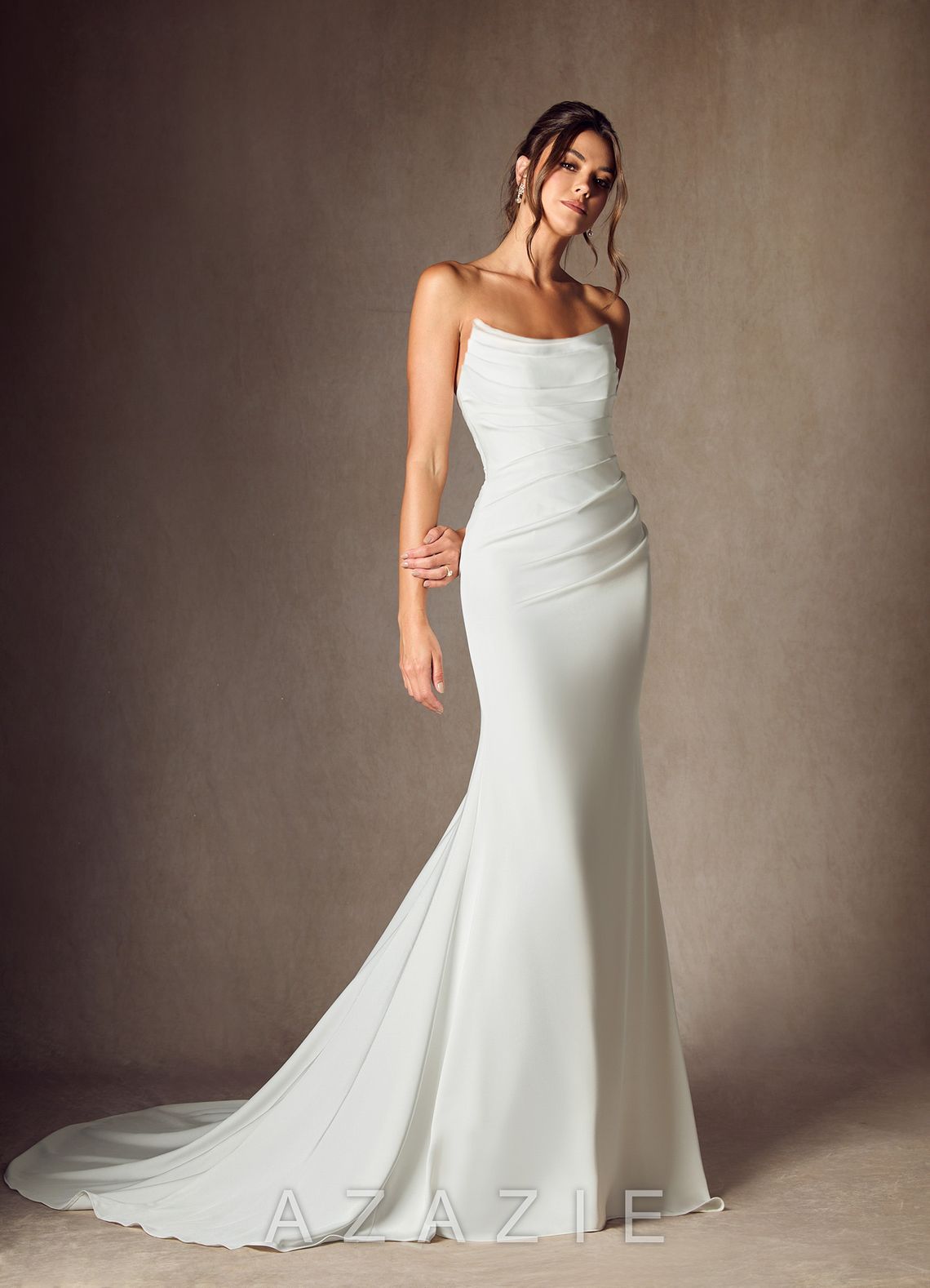 Azazie Elyse Diamond White Mermaid Strapless Crepe Back Satin Dress