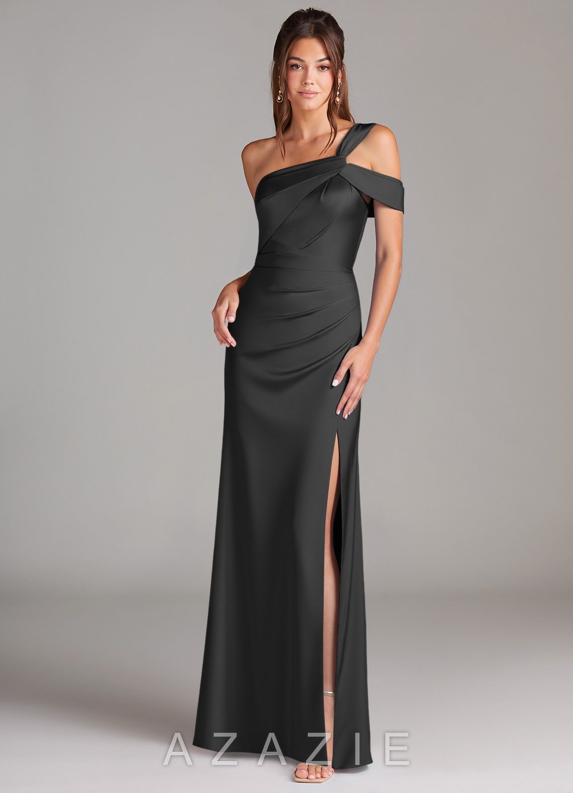 Azazie Wynter Black Sheath One Shoulder Stretch Satin Dress