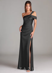 Azazie Wynter Black Sheath One Shoulder Stretch Satin Dress