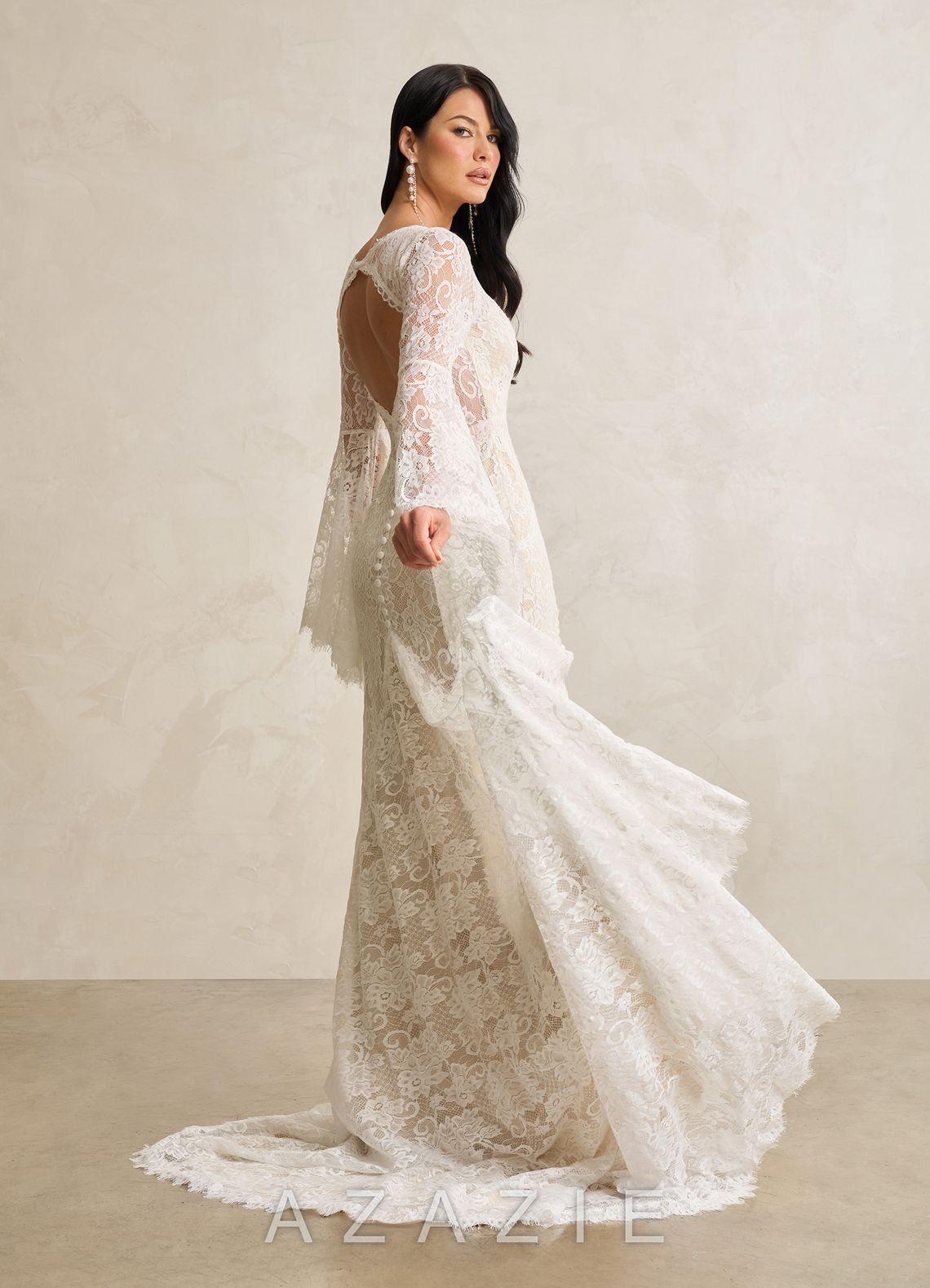 Azazie Hayes Wedding Dress Diamond White Champagne Mermaid V-Neck Lace Dress diamond_white/champagne
