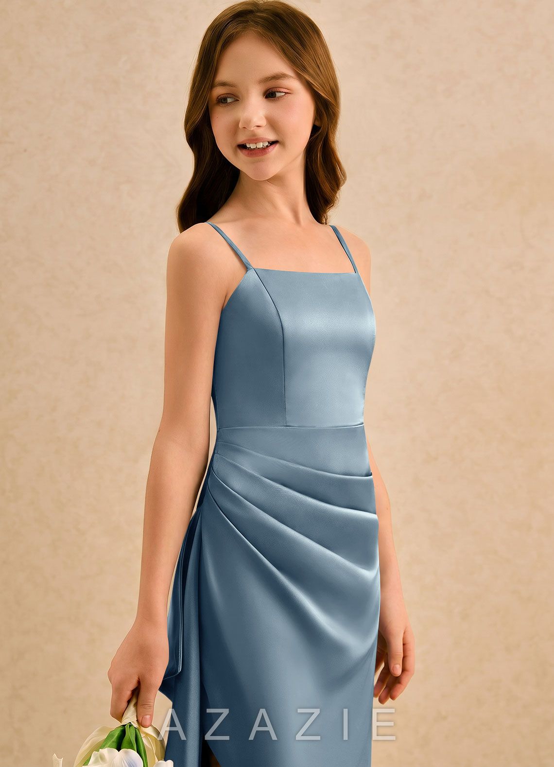 Azazie Cannoli Girls Formal Dusty Blue A-Line Pleated Stretch Satin Dress dusty_blue