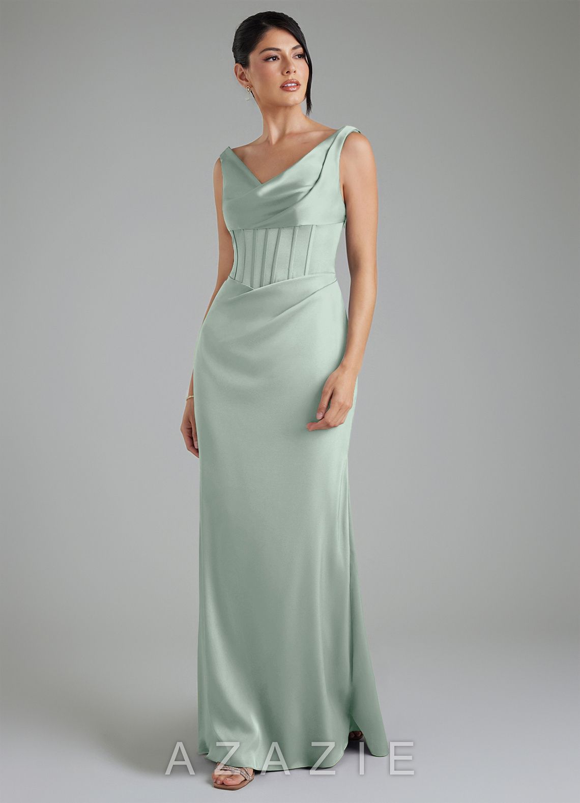 Azazie Spencer Agave Mermaid Pleated Stretch Satin Dress agave