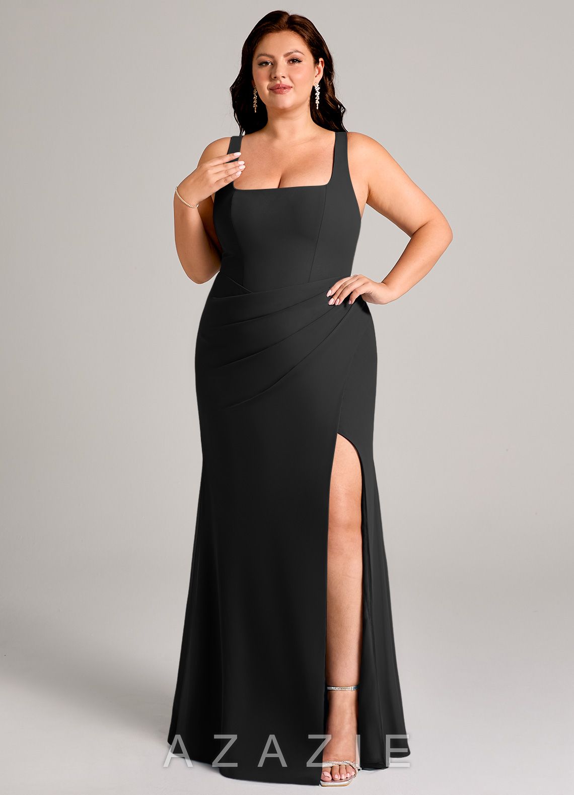 Azazie Mero Black Sheath Pleated Chiffon Dress black