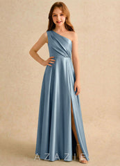 Azazie Puddles Girls Formal Dusty Blue A-Line One Shoulder Stretch Satin Dress