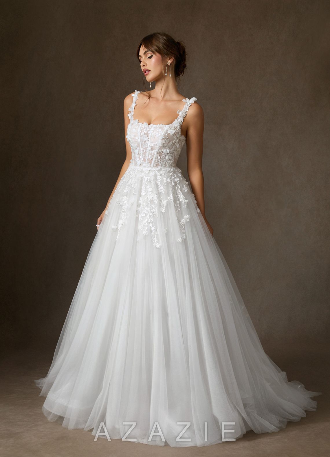 Azazie Sabine Diamond White Ball-Gown Square Neckline Lace Dress diamond_white