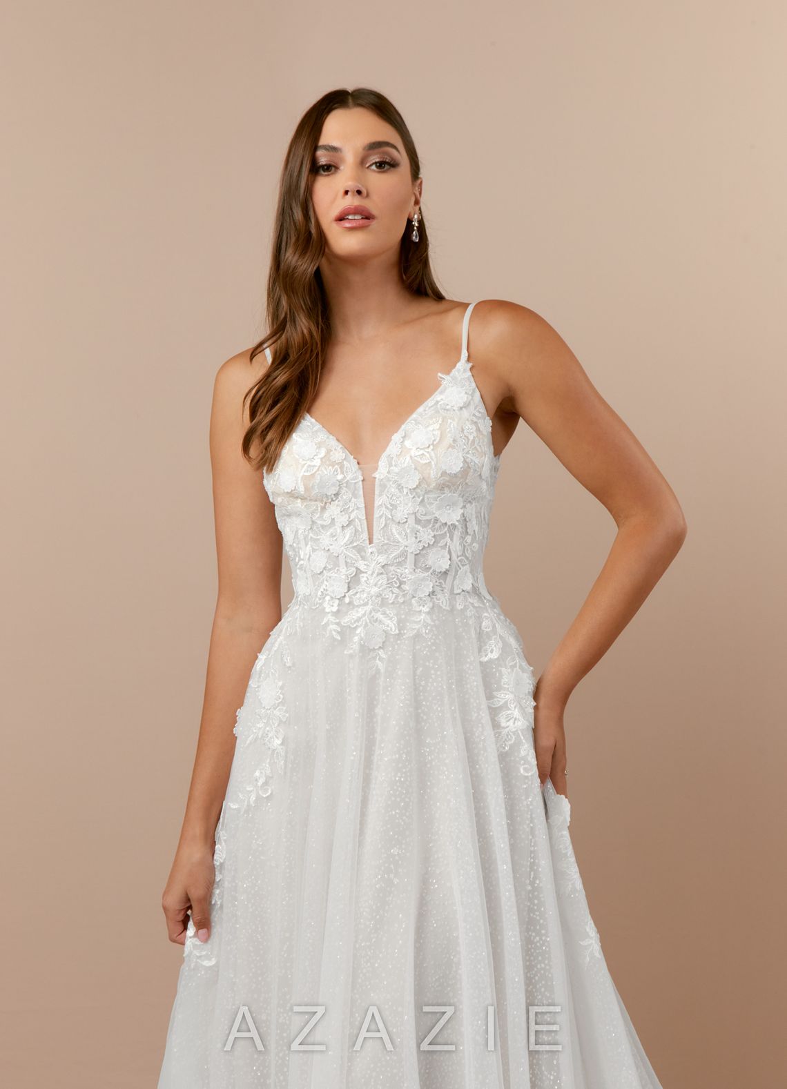 Azazie Arabelle Wedding Dress Diamond White A-Line V-Neck Lace Tulle Dress diamond_white
