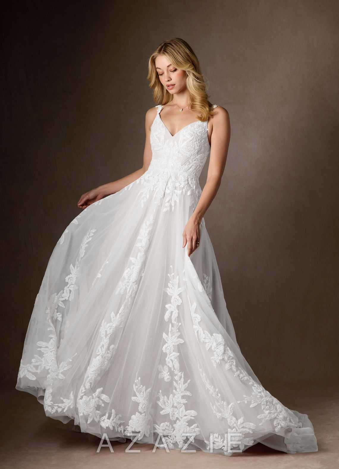 Azazie Delaina Wedding Dress Diamond White A-Line V-Neck Sequins Tulle Dress diamond_white