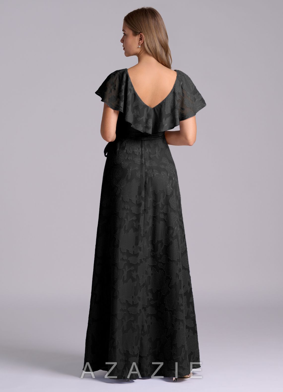 Azazie Lainey Black A-Line with Pockets Floral Burnout Dress black