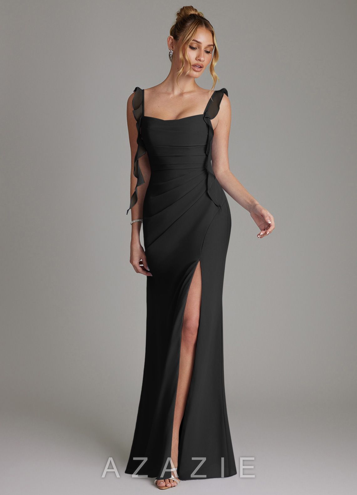 Azazie Jessamine Black Mermaid Corset Chiffon Dress black