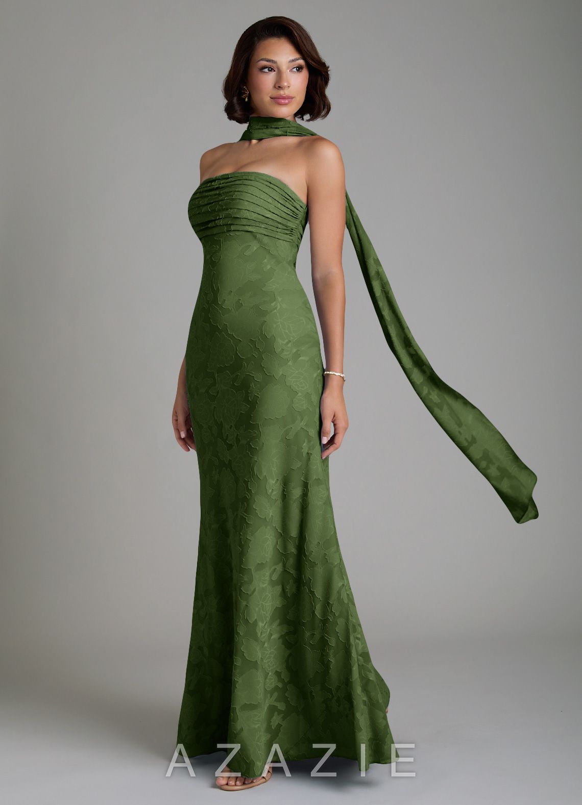 Azazie Saylor Olive Mermaid Strapless Floral Burnout Convertible Dress olive