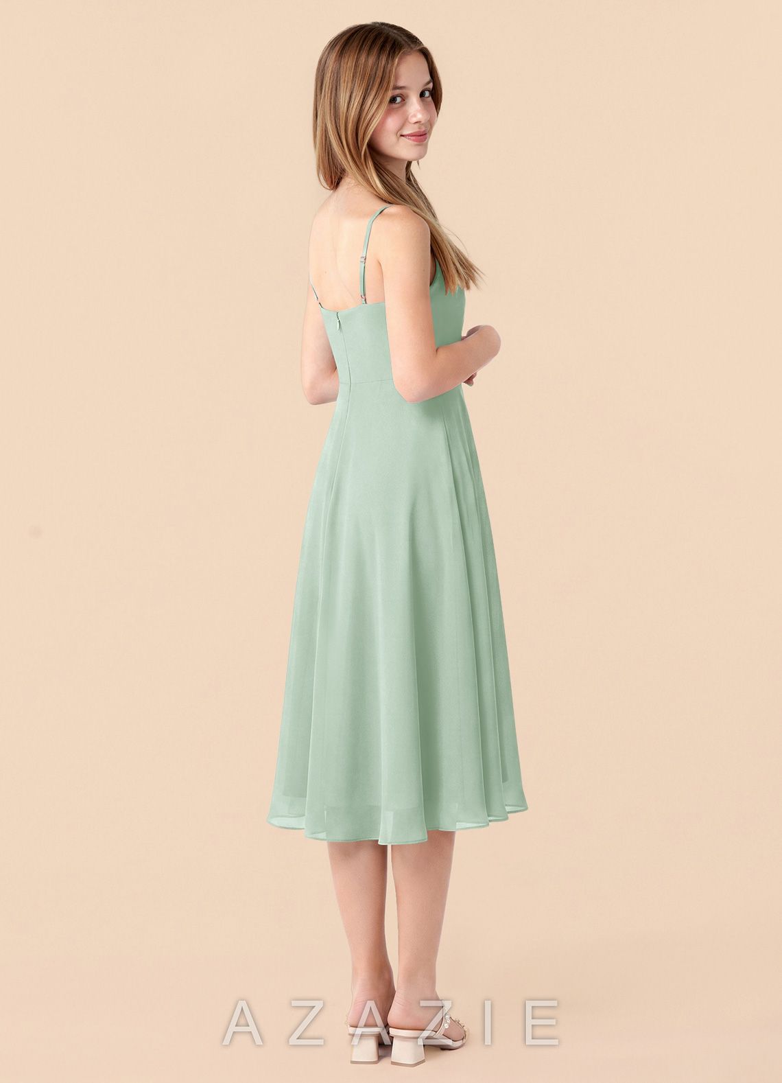 Azazie Mariam Junior Agave A-Line Pleated Chiffon Dress agave