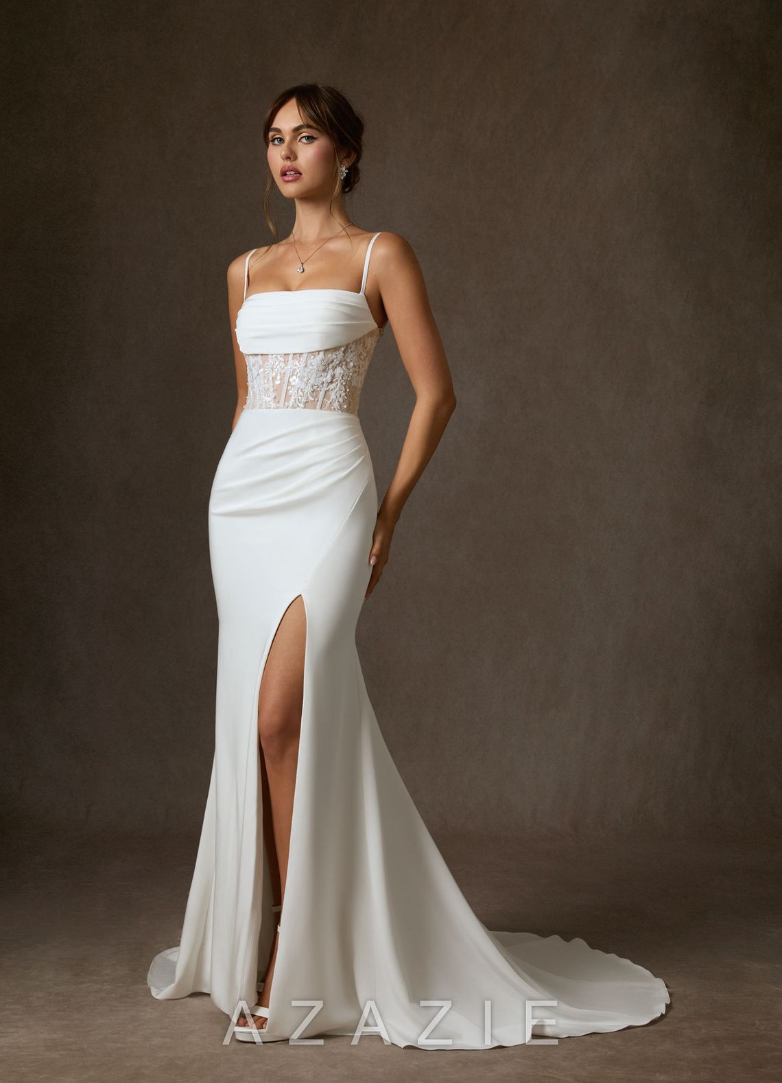 Azazie Alyce Diamond White Nude Mermaid Off the Shoulder Crepe Back Satin Dress