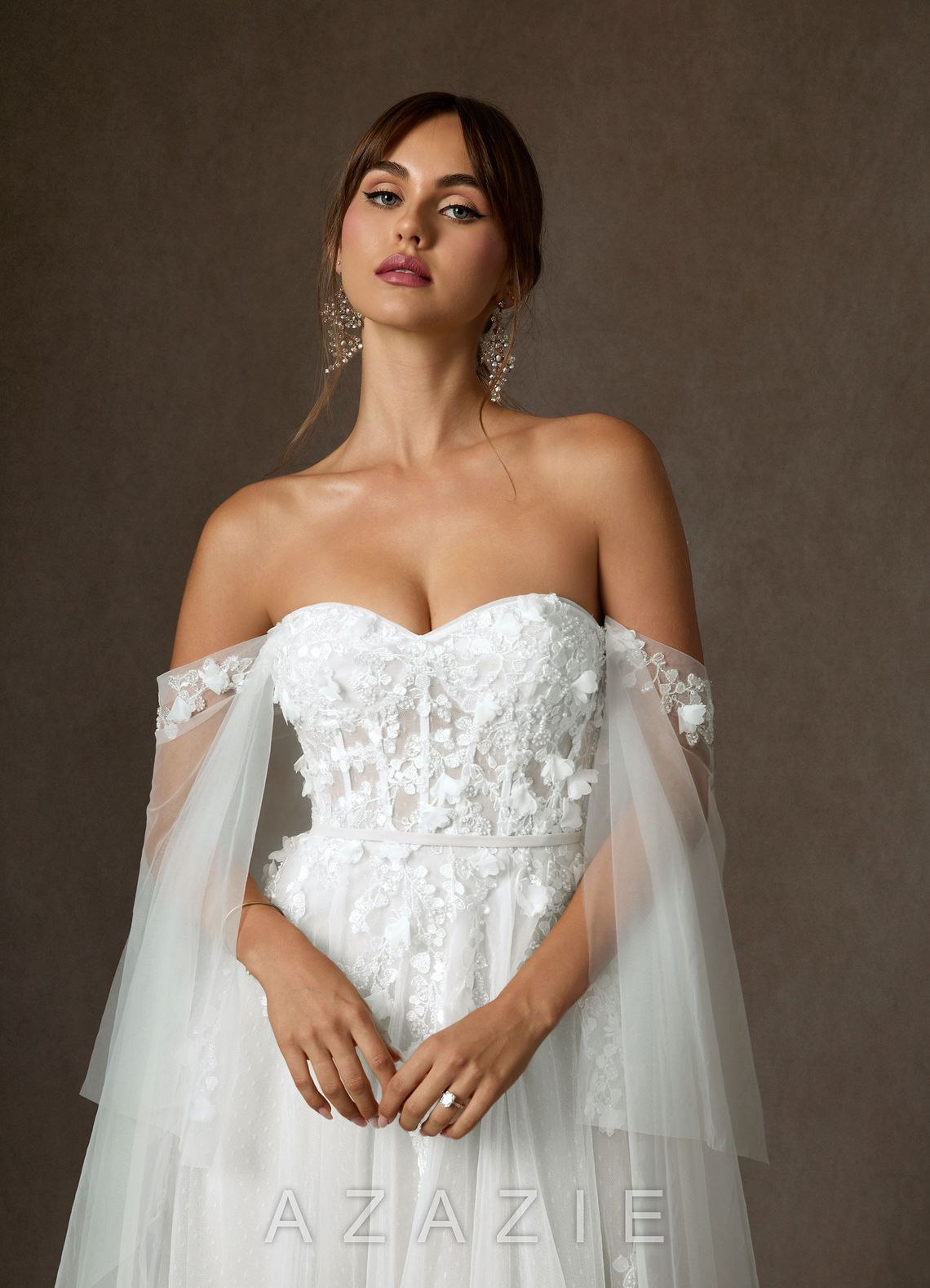 Azazie Wynery Diamond White Ball-Gown Off the Shoulder Lace Dress