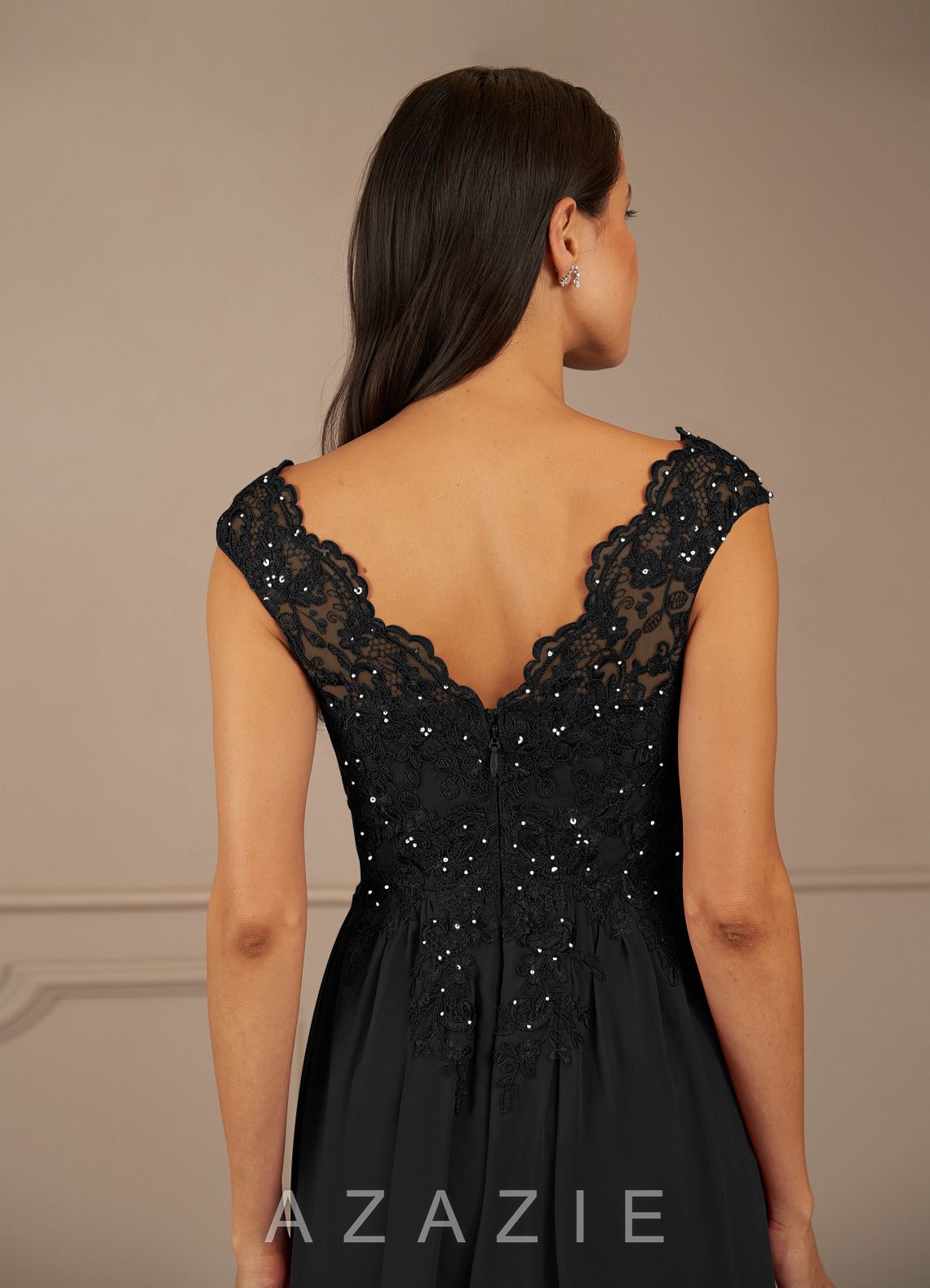 Azazie Amethyst Black A-Line V-Neck Sequins Chiffon Dress black