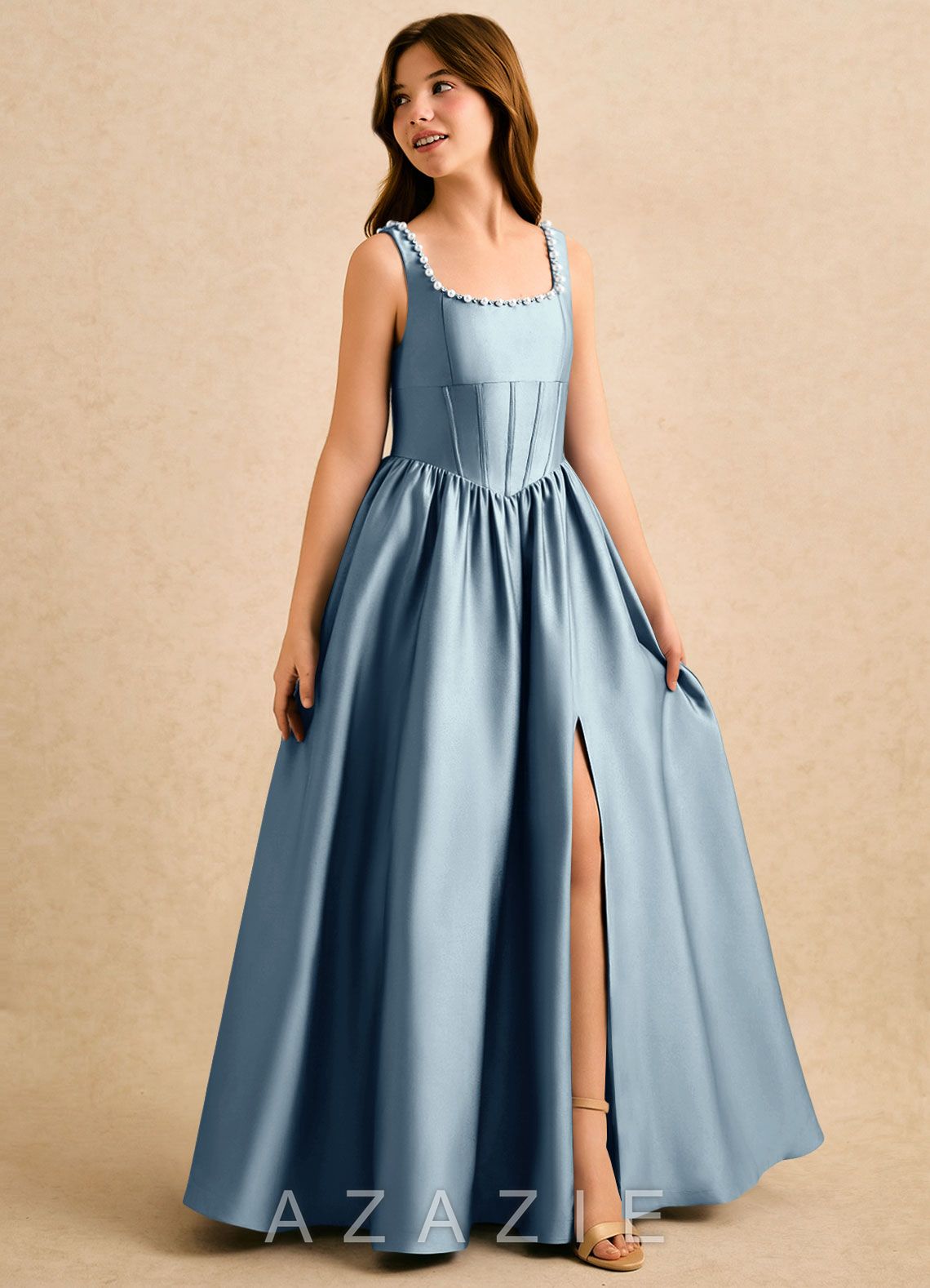 Azazie Enid Girls Formal Dusty Blue A-Line Beaded Stretch Satin Dress dusty_blue
