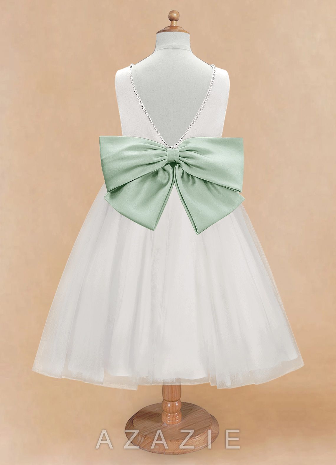 Azazie Seline Ivory Agave A-Line Bow Tulle Dress ivory/agave