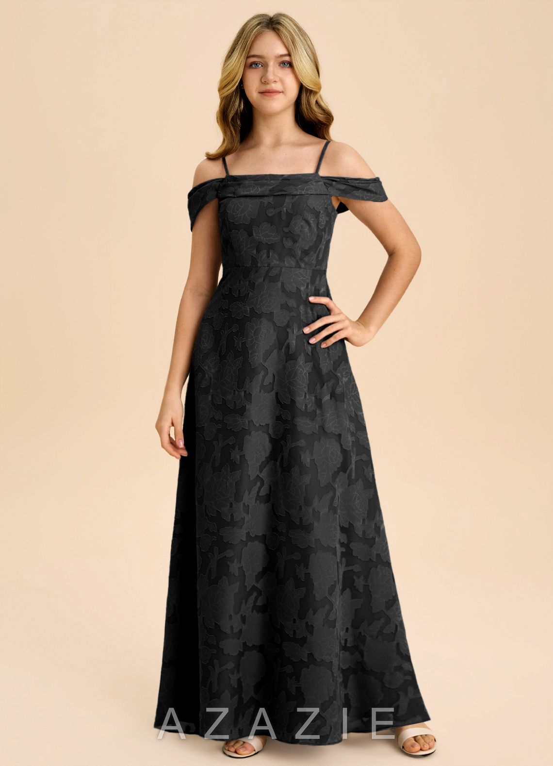 Azazie Anselie Junior Black A-Line Off the Shoulder Floral Burnout Dress black