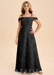 Azazie Anselie Junior Black A-Line Off the Shoulder Floral Burnout Dress black