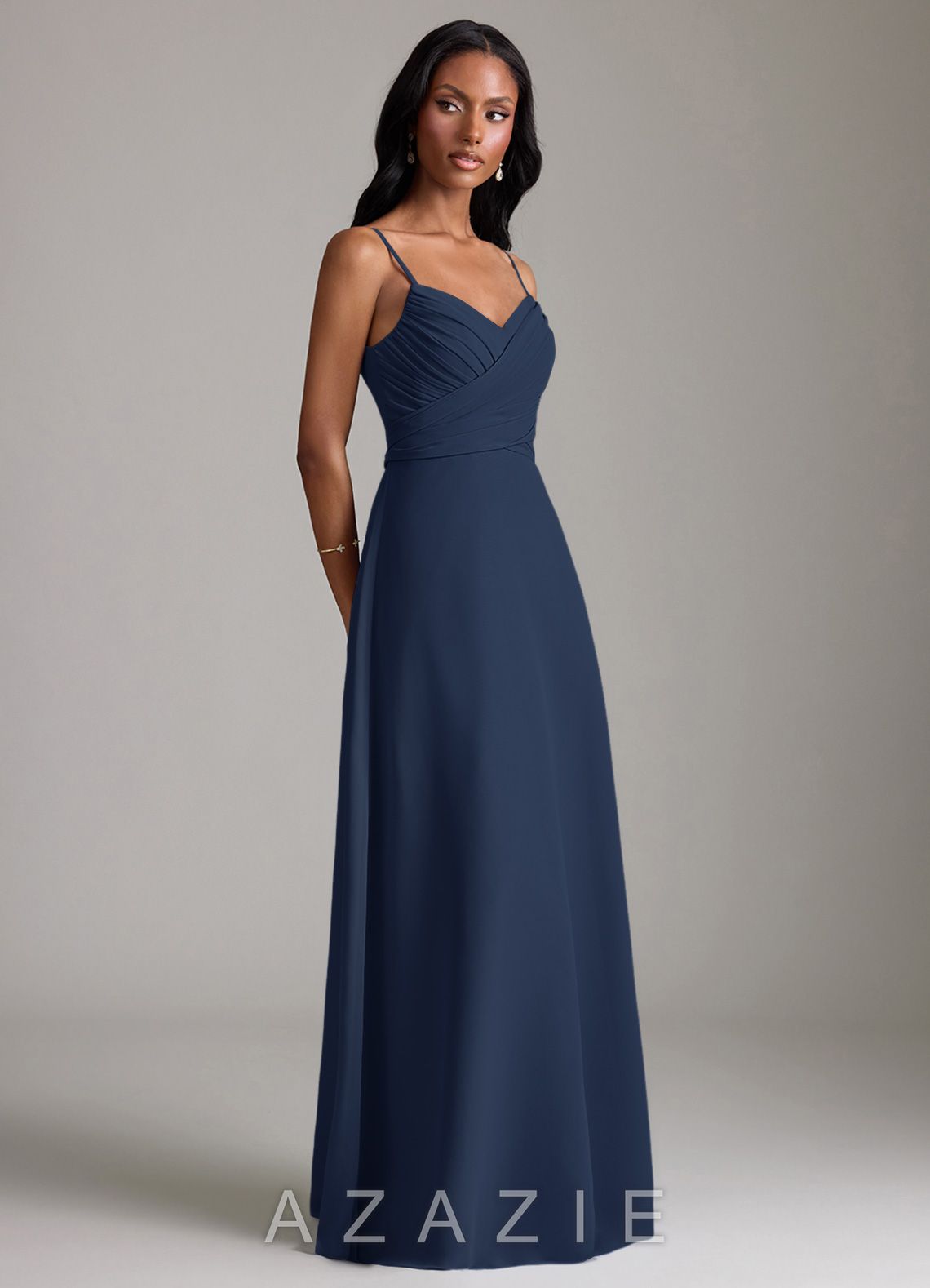 Azazie Kali Dark Navy A-Line Pleated Chiffon Dress dark_navy