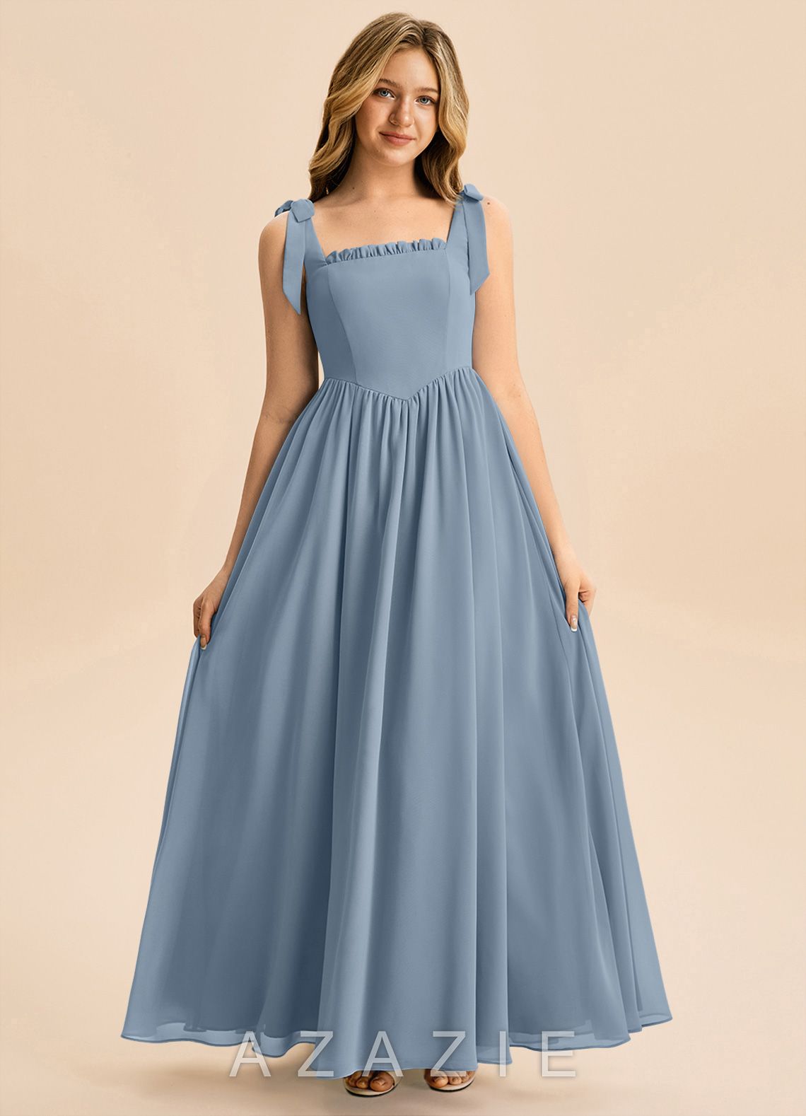 Azazie Delia Junior Dusty Blue A-Line Bow Chiffon Dress dusty_blue