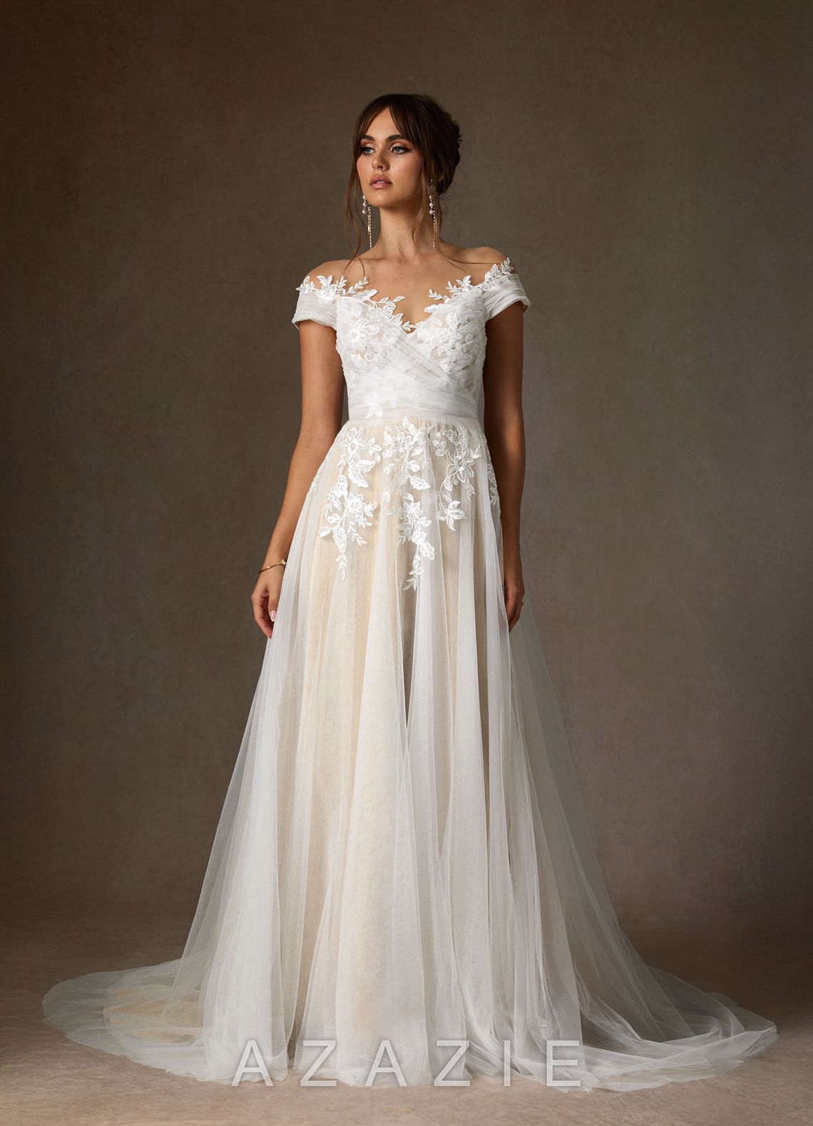 Azazie Cindy Wedding Dress Diamond White Champagne A-Line Illusion Off-The-Shouler Lace Tulle Dress