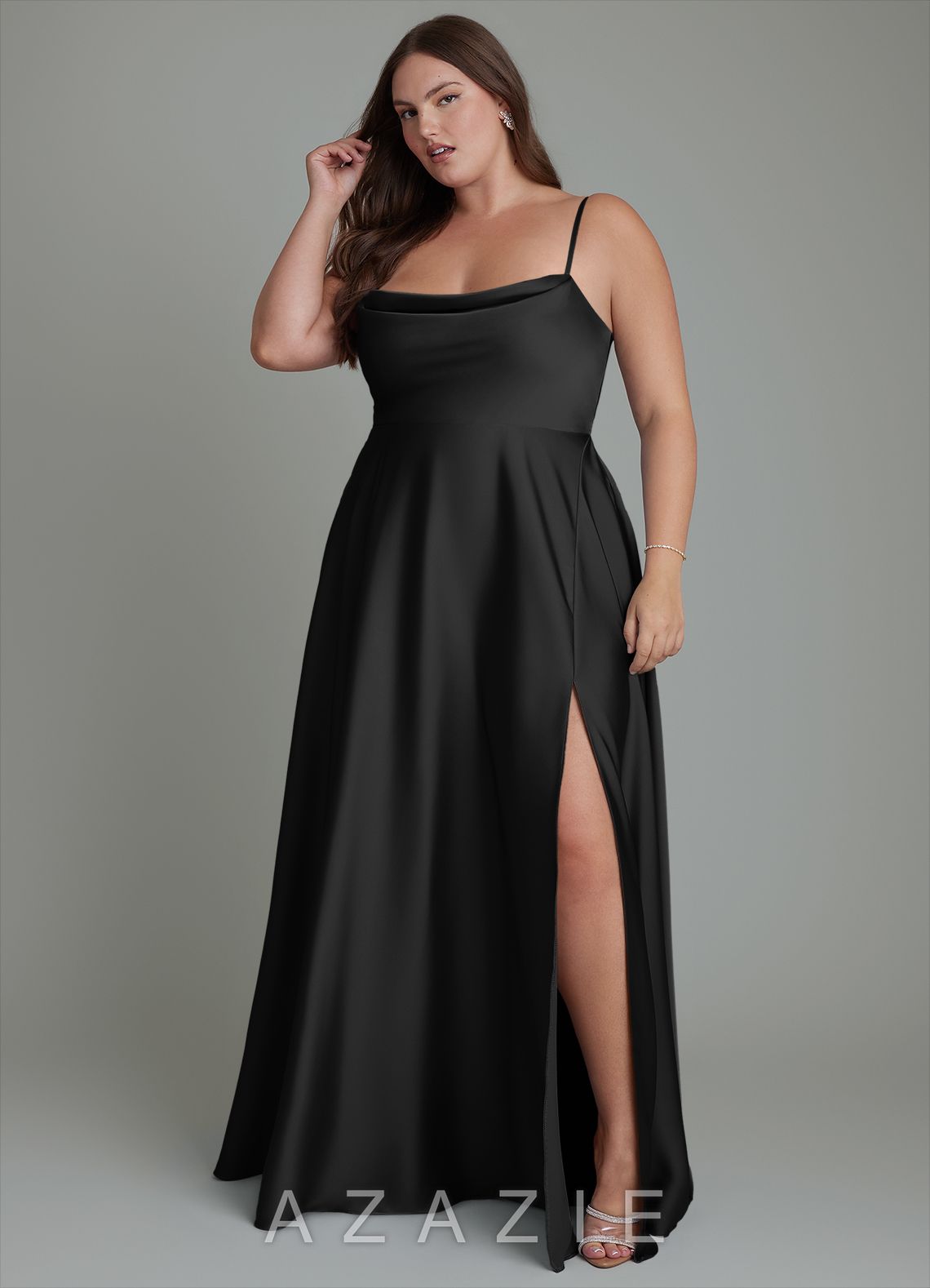 Azazie Elle Black A-Line Pleated Stretch Satin Dress black