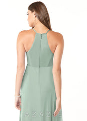 Azazie Annabelle A-Line V-Neck Pleated Mesh Floor-Length Dress agave