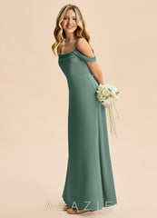 Azazie Lettie Junior Eucalyptus A-Line Off the Shoulder Stretch Satin Dress