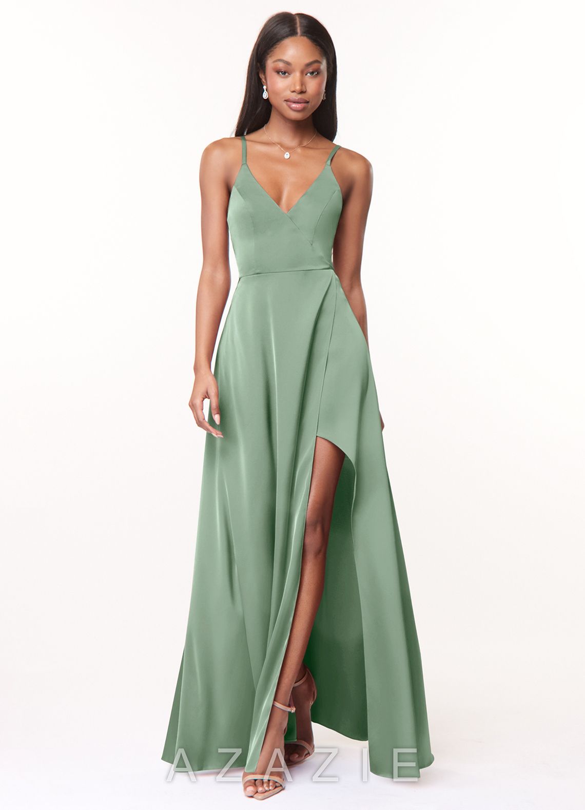 Azazie Maksim Agave A-Line V-Neck Stretch Satin Dress agave