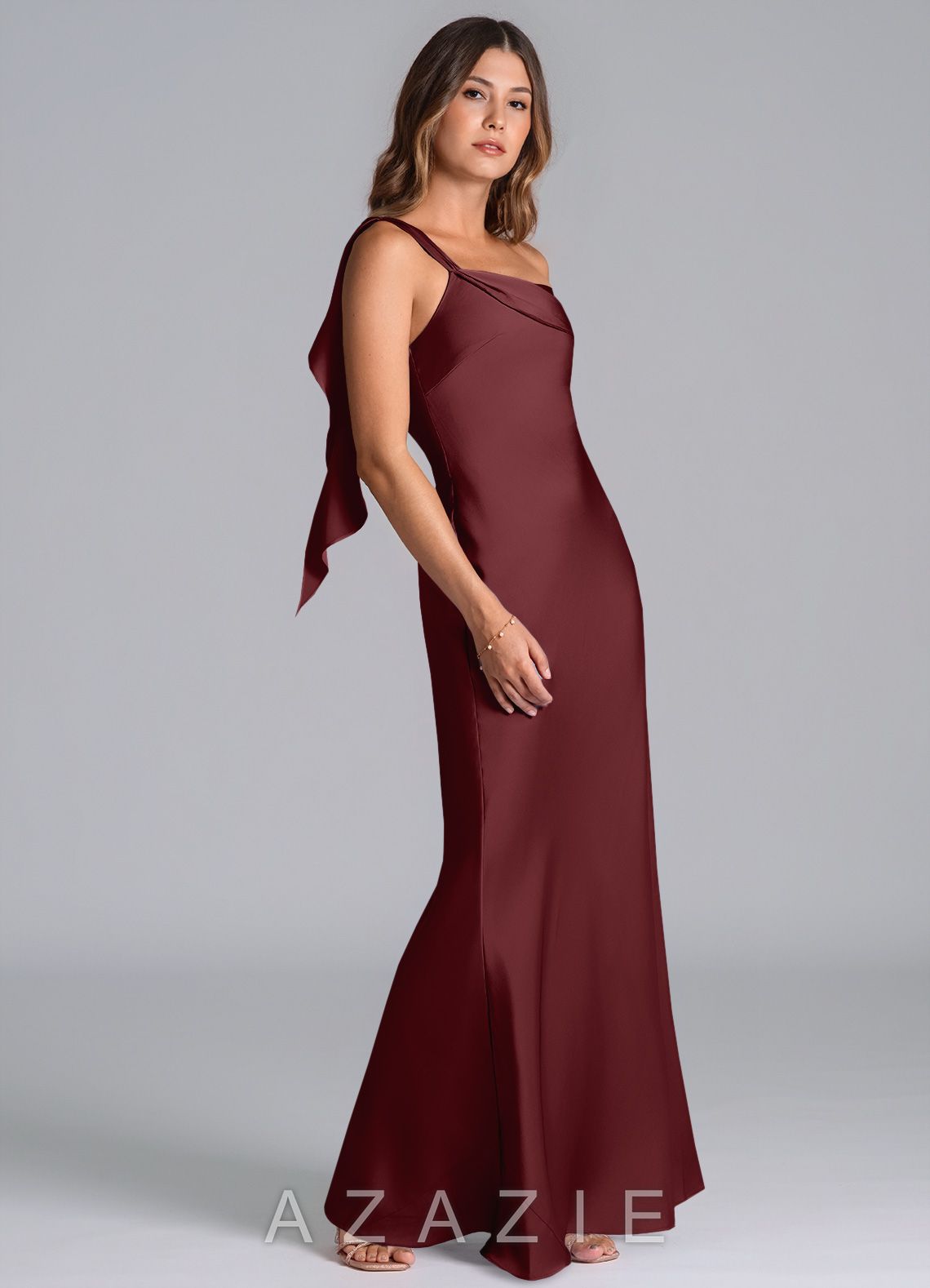 Azazie Driea Cabernet Mermaid One Shoulder Stretch Satin Dress cabernet