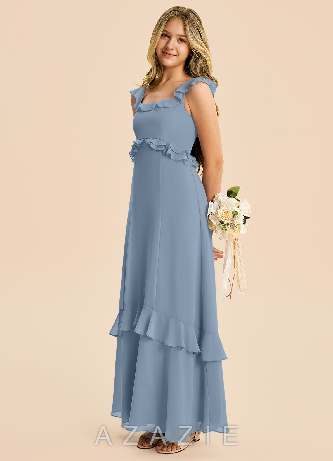 Azazie Mimi Junior Dusty Blue A-Line Ruched Chiffon Dress dusty_blue