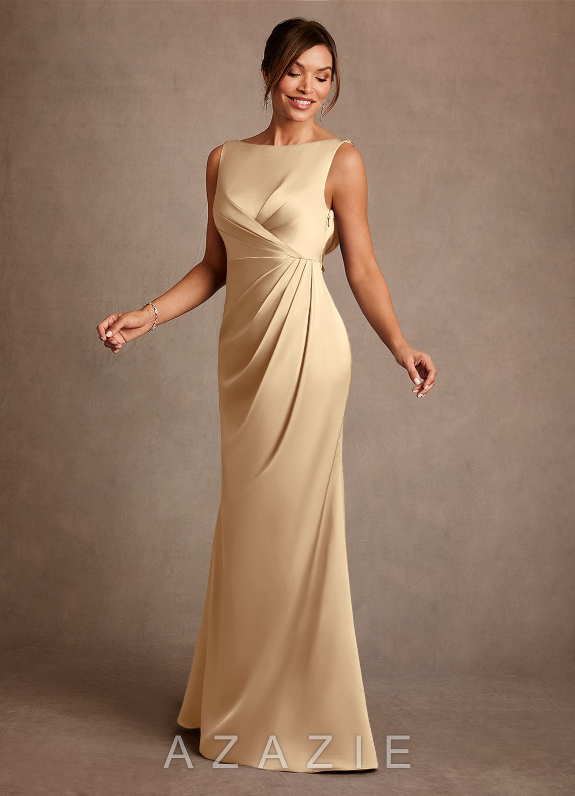 Azazie Baltimore Champagne A-Line Pleated Stretch Satin Dress champagne