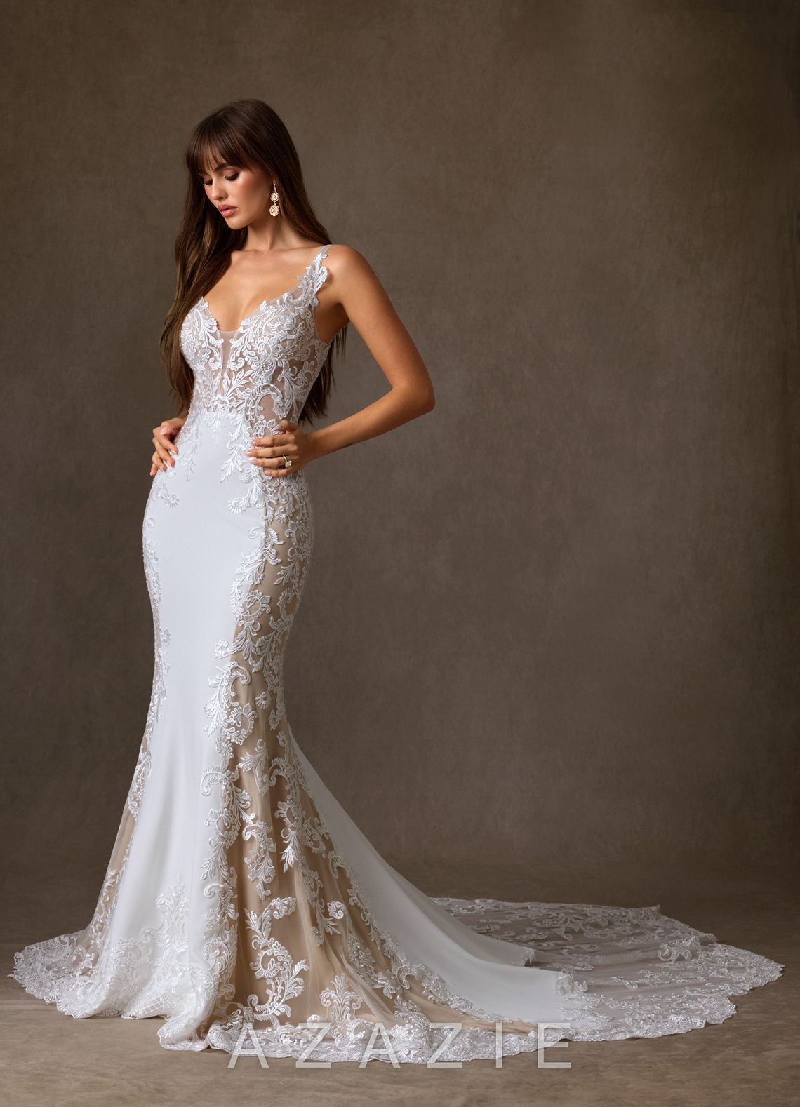 Azazie Estephanie Wedding Dress Diamond White Nude Mermaid Sequins Stretch Crepe Dress diamond_white/nude
