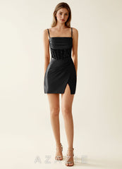 Lisette Black Stretch Satin Corset Mermaid Mini Dress