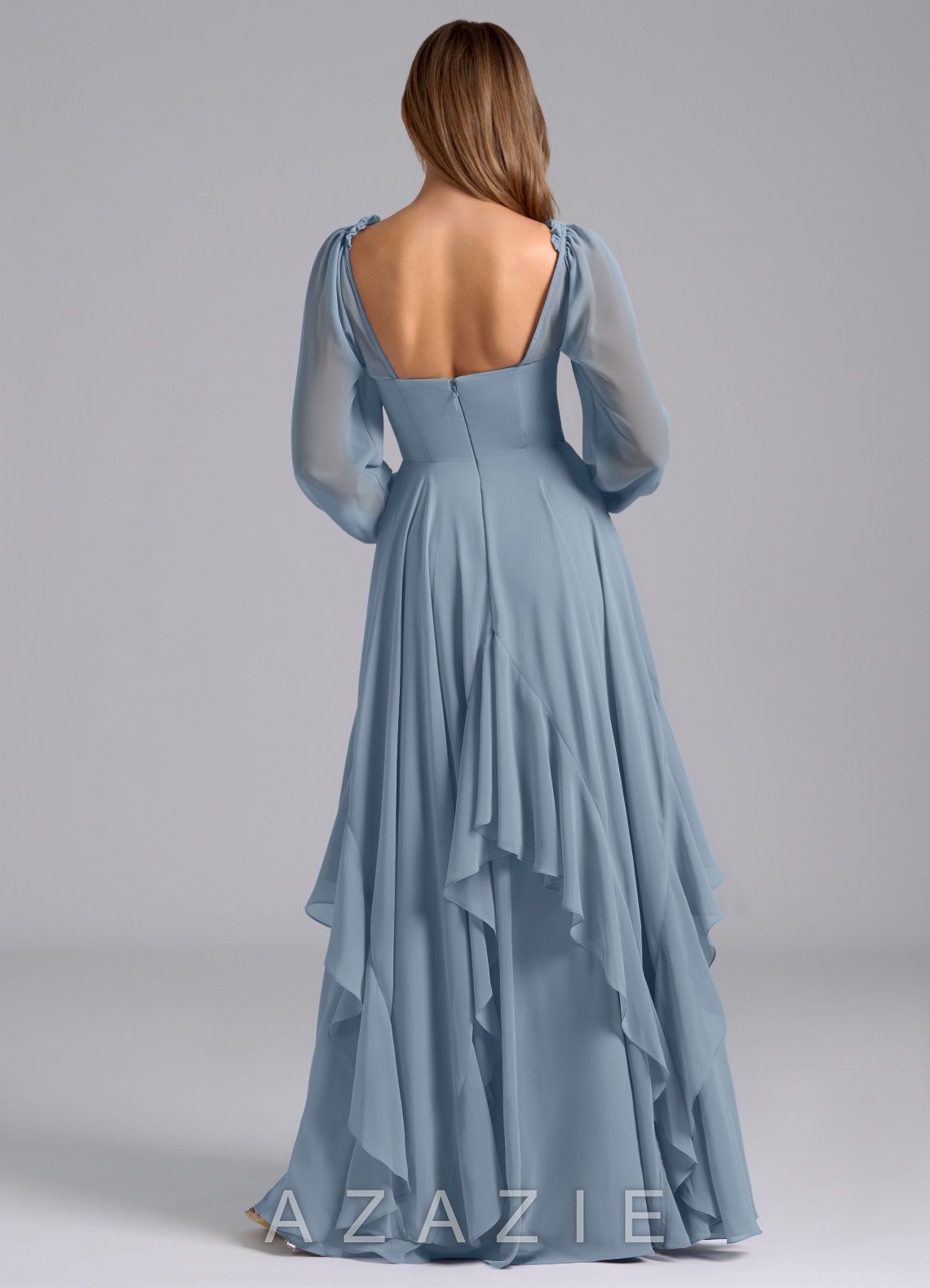 Azazie Karan Dusty Blue A-Line Long Sleeve Chiffon Dress dusty_blue