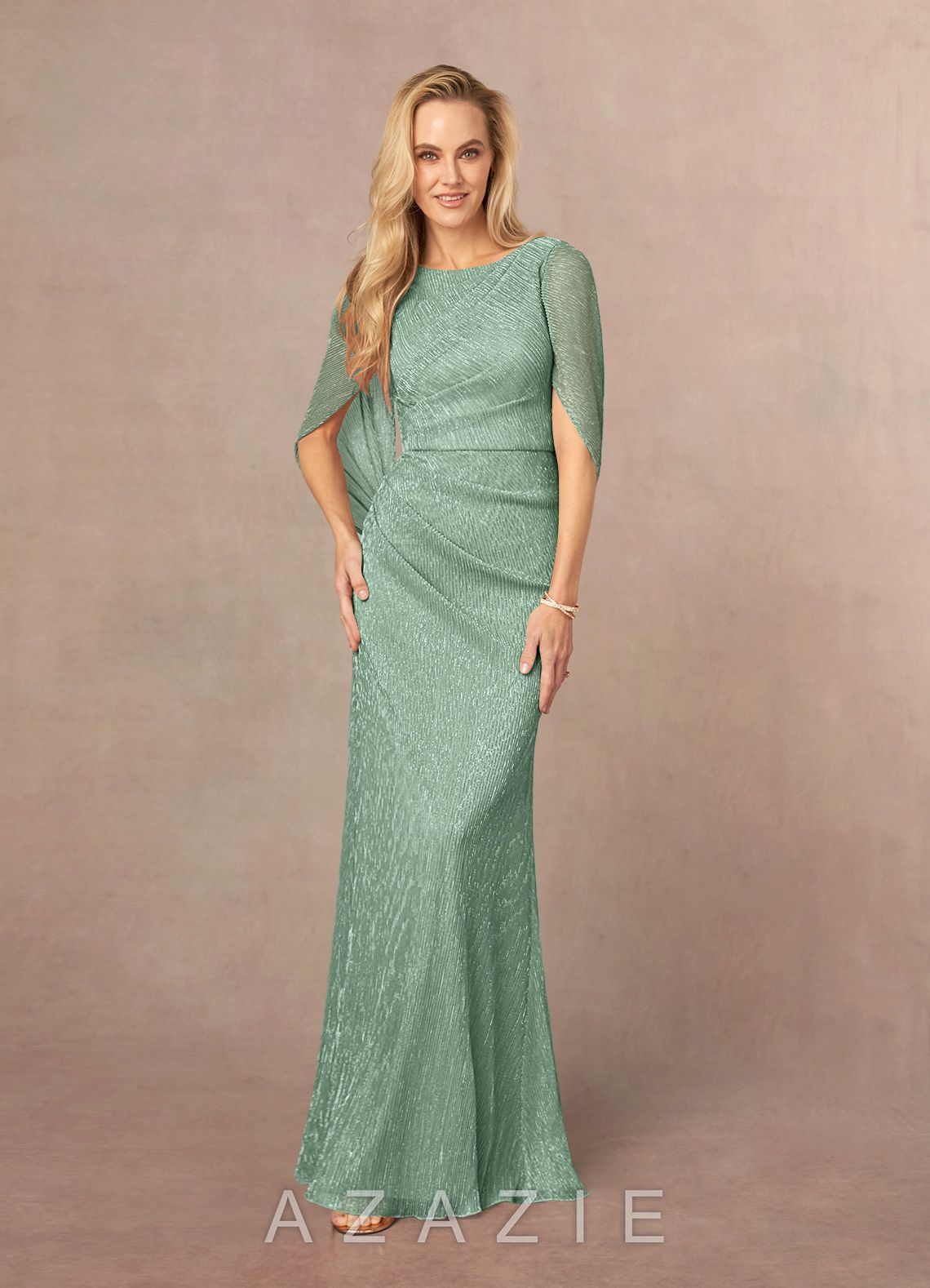Azazie Paige Aquamarine Sheath Pleated Cape Metallic Mesh Dress