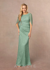 Azazie Paige Aquamarine Sheath Pleated Cape Metallic Mesh Dress