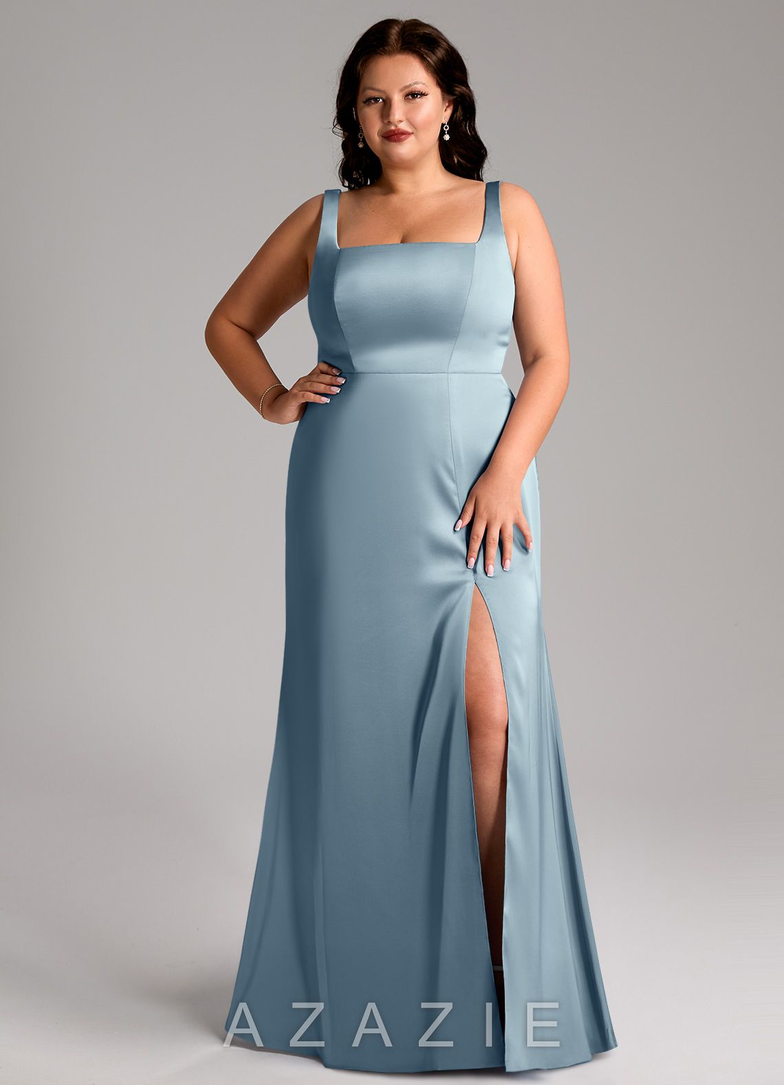 Azazie Frostine Dusty Blue A-Line Bow Stretch Satin Dress dusty_blue