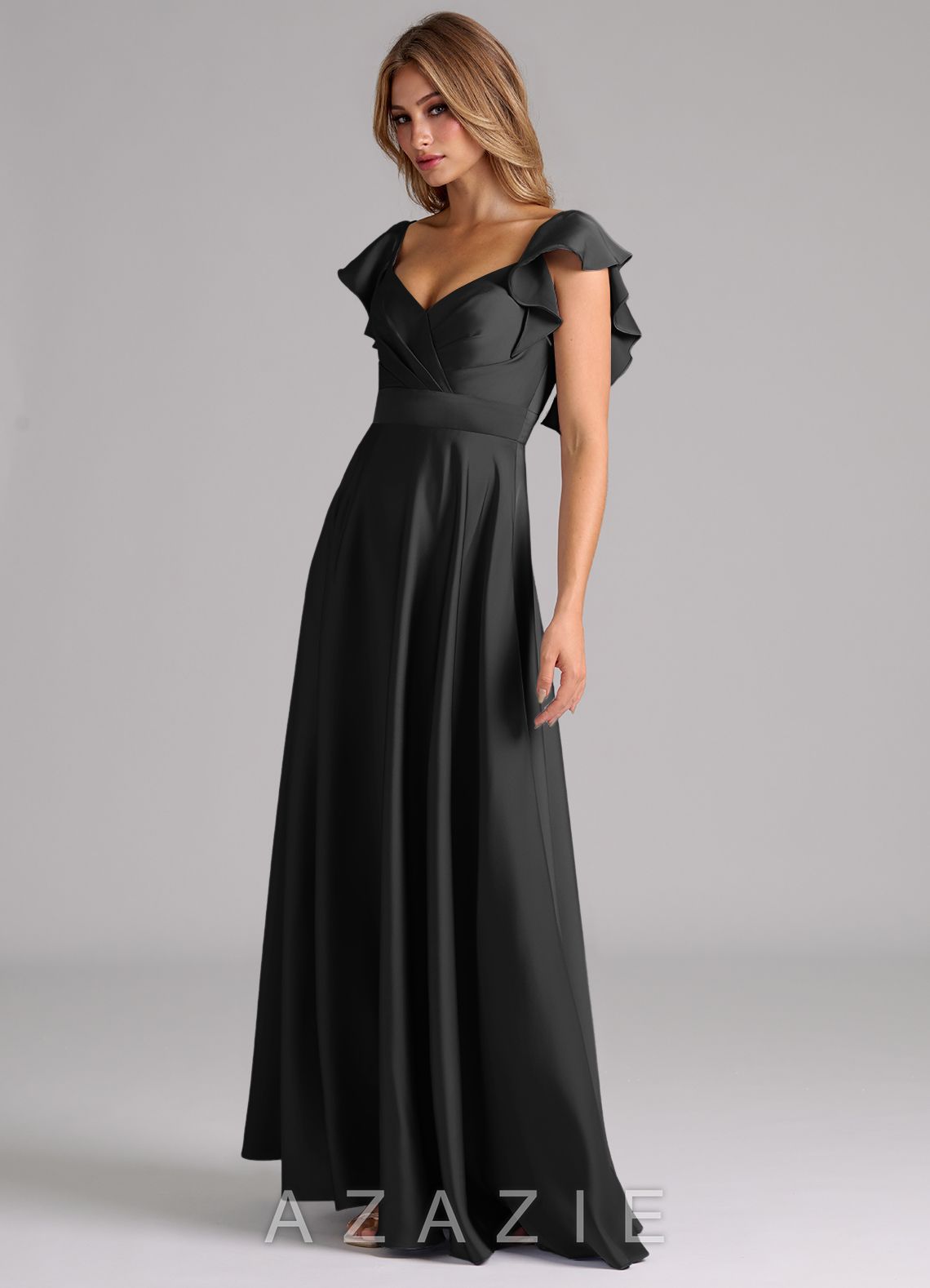 Azazie Leilani Black A-Line Ruched Stretch Satin Dress black