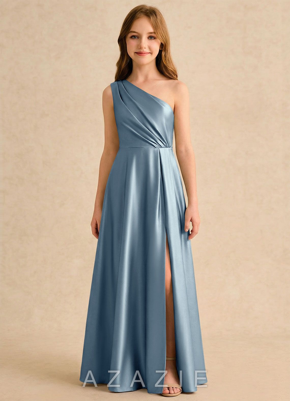 Azazie Puddles Girls Formal Dusty Blue A-Line One Shoulder Stretch Satin Dress dusty_blue