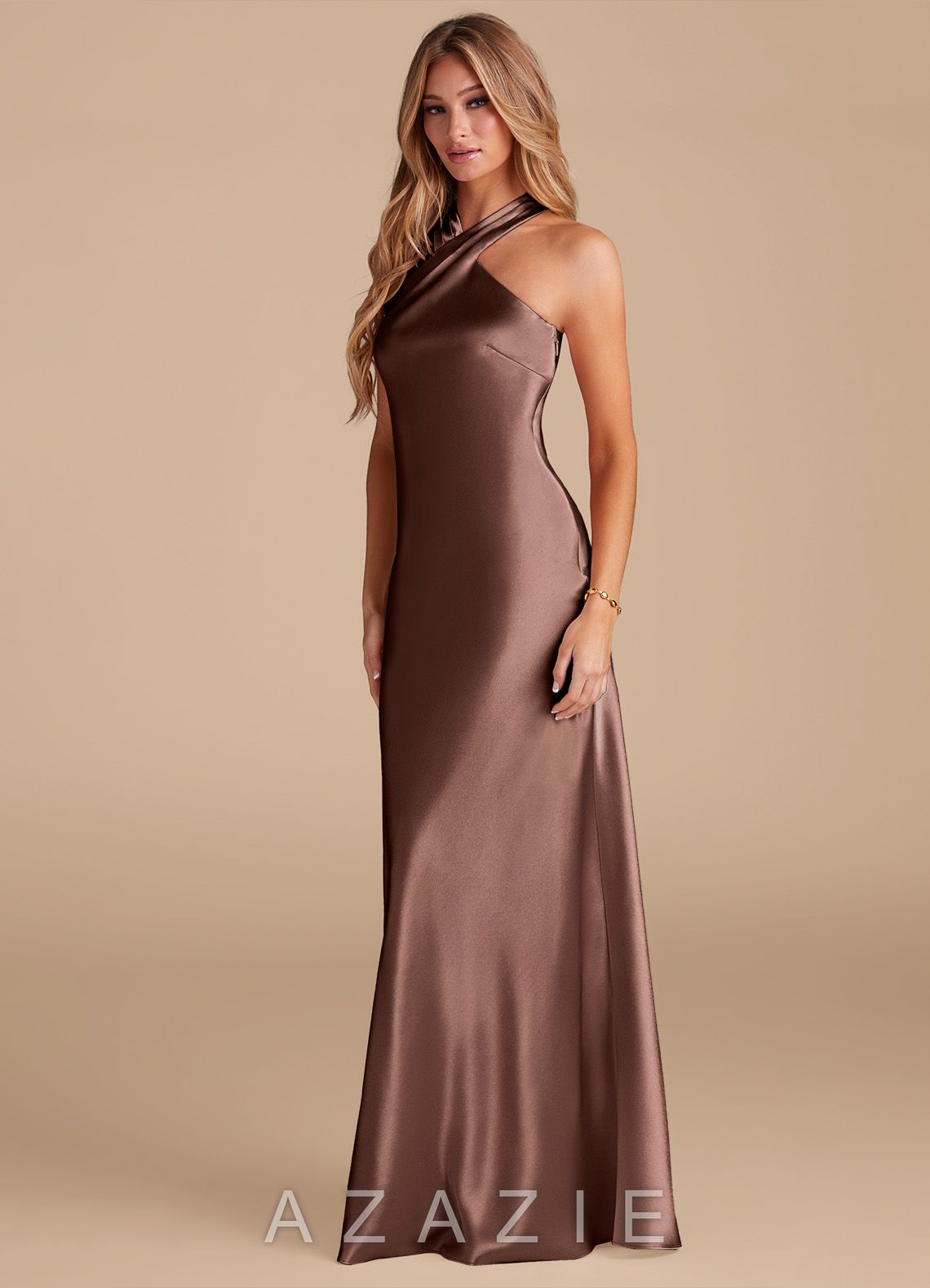 Azazie Doretta Espresso Mermaid Bow Metallic Satin Dress espresso