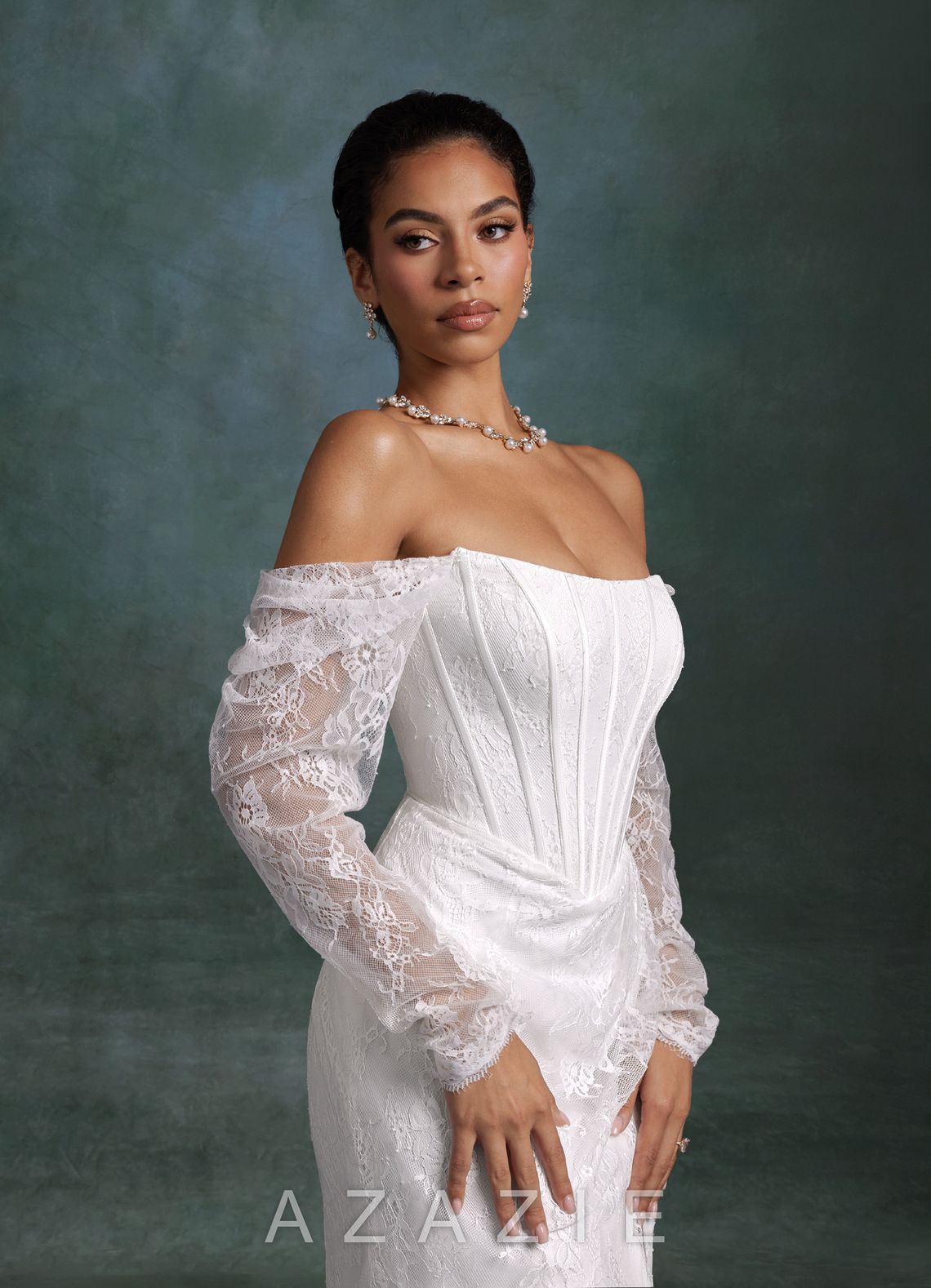 Azazie Zelda Diamond White Mermaid Side Slit Lace Dress diamond_white