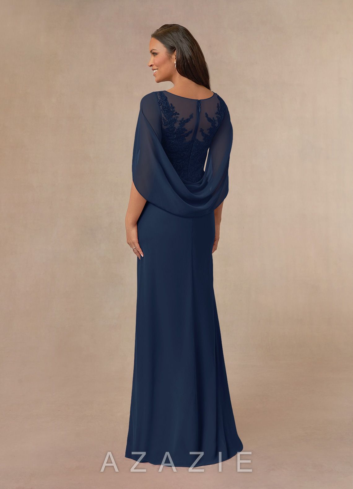 Azazie Hera Dark Navy A-Line Lace Capelet Chiffon Dress dark_navy