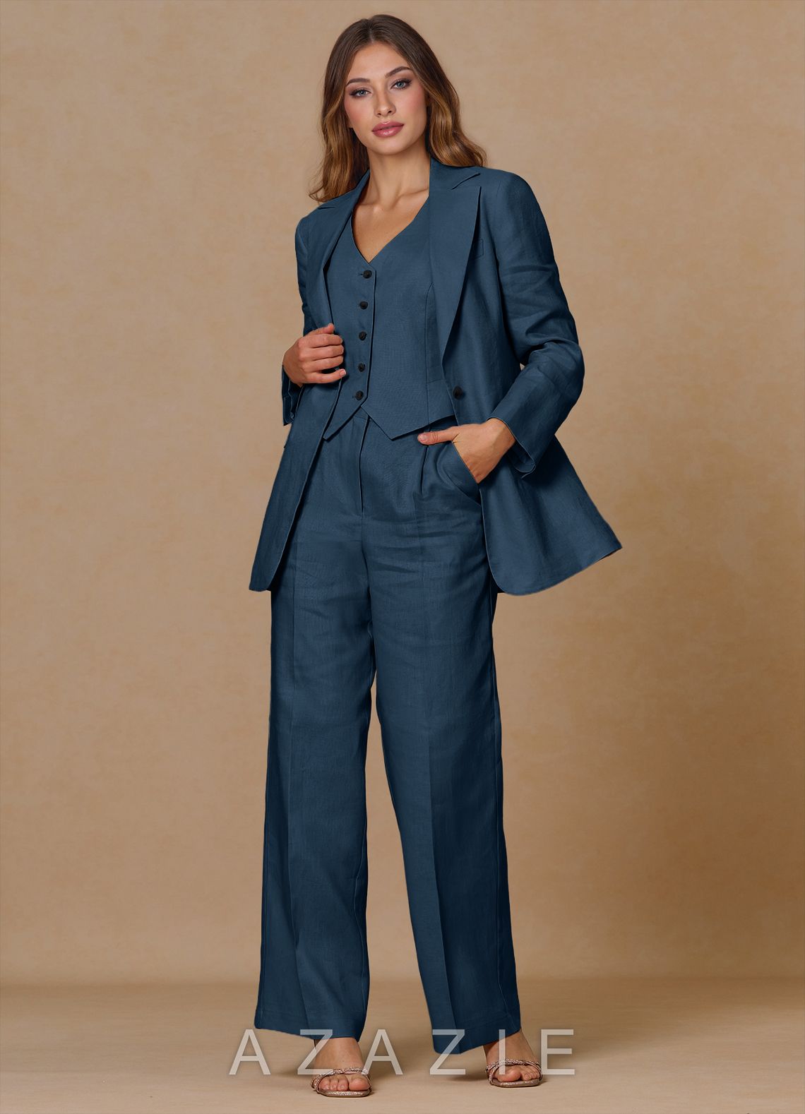 Belicia Dark Navy 100% Linen 3-Piece Suit