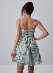 Margaux Sky Blue Strapless Floral Embroidery Lace-Up Skater Mini Dress
