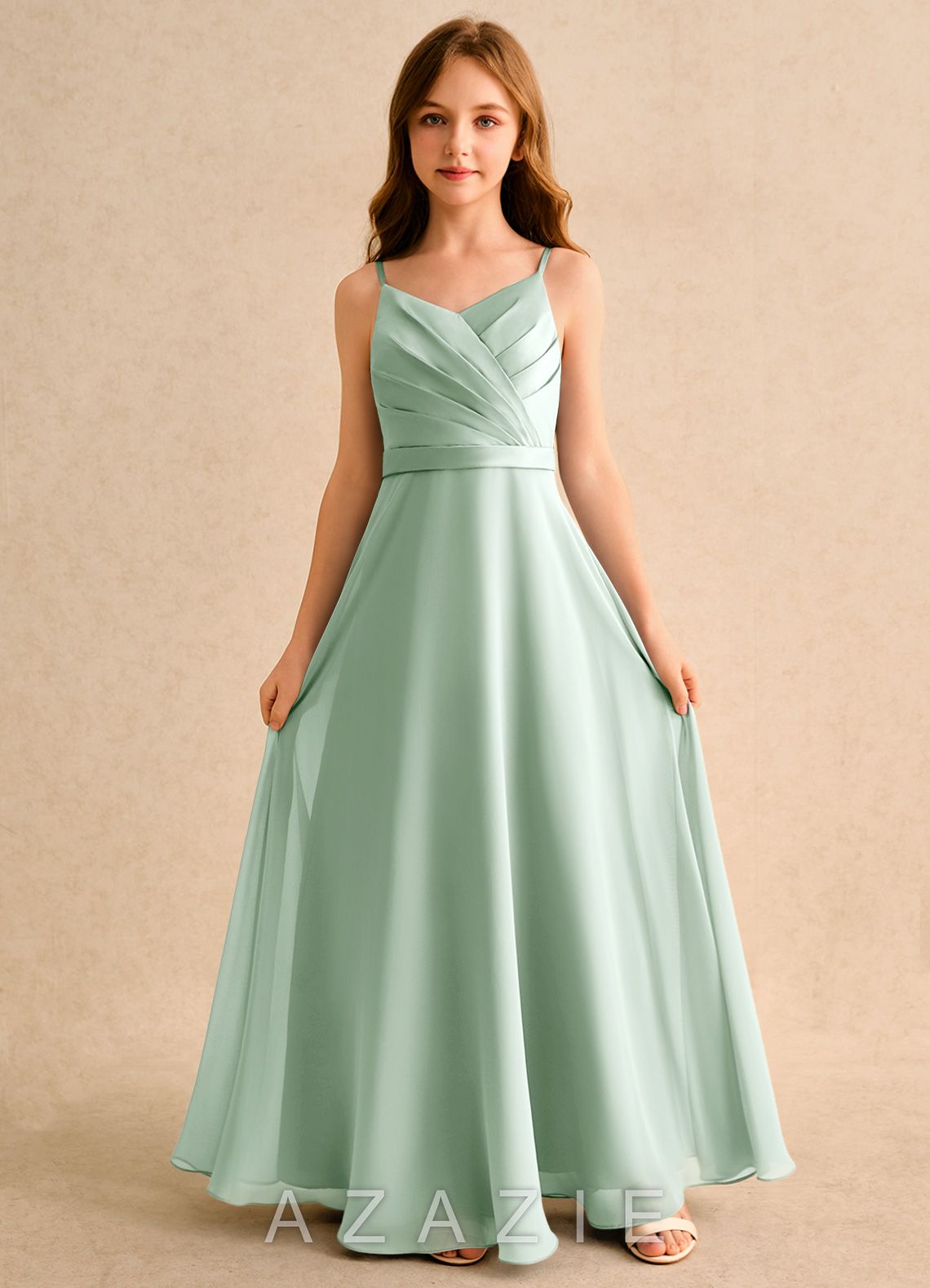 Azazie Umina Girls Formal Agave A-Line Pleated Matte Satin Dress agave