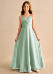 Azazie Umina Girls Formal Agave A-Line Pleated Matte Satin Dress agave
